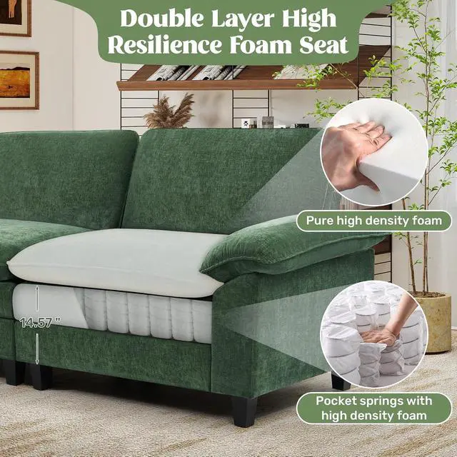 Alt view image 5 of 7 - 118" Modular Sectional Sofa,Comfy Cloud Couch Sectional Sofa,4 Seat Chenille Sleeper Deep Seat Sofas for Living Room,Bedroom and Apartment,Green