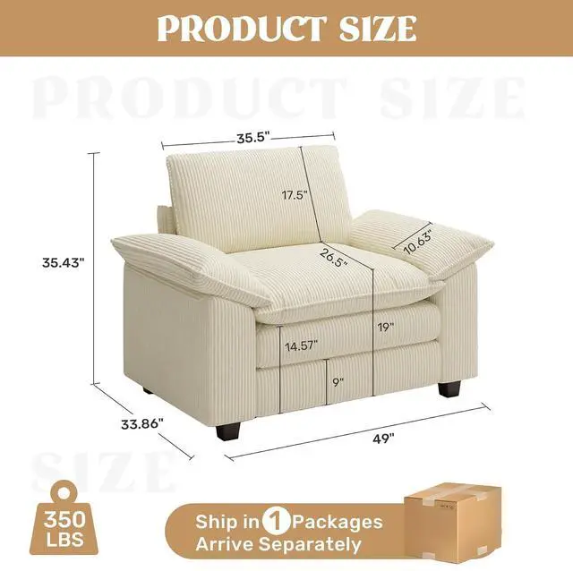 Alt view image 2 of 4 - 49" Single Sofa Seat,Comfy Cloud Couch Sectional Sofa, Corduroy Sleeper Deep Seat Sofas for Living Room,Bedroom and Apartment,Beige