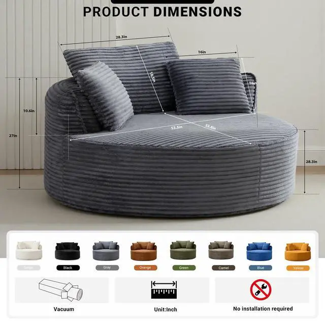 Alt view image 2 of 7 - Oversized Round Lounge Chair Indoor, Corduroy Upholstered Deep Seat Cloud Circle Sofa Chair, Fluffy Boneless Sleeper Chair for Reading & Lounging, No Assembly Required (Grey)