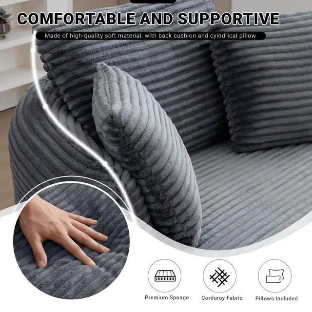Alt view image 4 of 7 - Oversized Round Lounge Chair Indoor, Corduroy Upholstered Deep Seat Cloud Circle Sofa Chair, Fluffy Boneless Sleeper Chair for Reading & Lounging, No Assembly Required (Grey)