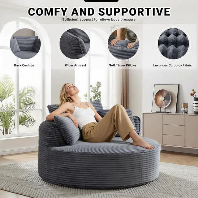Alt view image 3 of 7 - Oversized Round Lounge Chair Indoor, Corduroy Upholstered Deep Seat Cloud Circle Sofa Chair, Fluffy Boneless Sleeper Chair for Reading & Lounging, No Assembly Required (Grey)