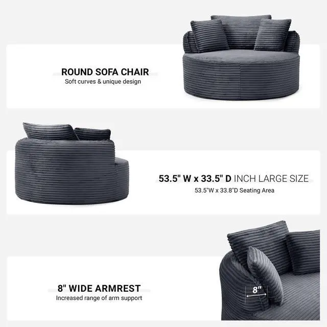 Alt view image 5 of 7 - Oversized Round Lounge Chair Indoor, Corduroy Upholstered Deep Seat Cloud Circle Sofa Chair, Fluffy Boneless Sleeper Chair for Reading & Lounging, No Assembly Required (Grey)