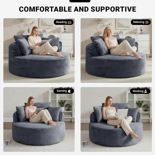 Alt view image 6 of 7 - Oversized Round Lounge Chair Indoor, Corduroy Upholstered Deep Seat Cloud Circle Sofa Chair, Fluffy Boneless Sleeper Chair for Reading & Lounging, No Assembly Required (Grey)