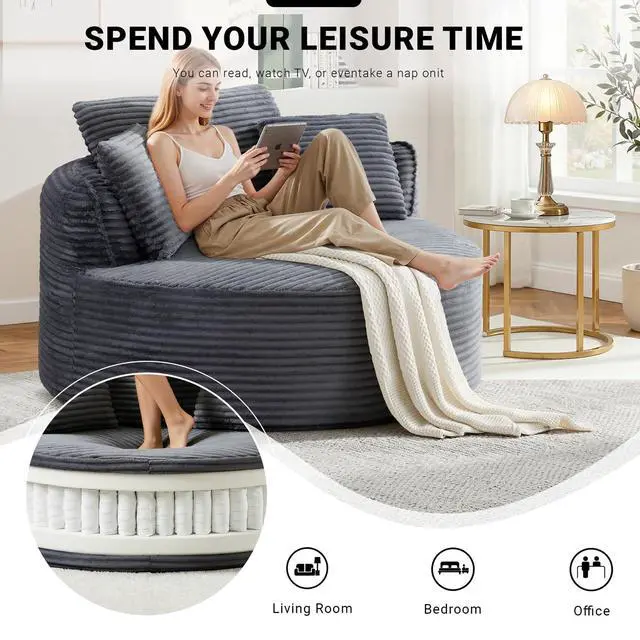 Alt view image 7 of 7 - Oversized Round Lounge Chair Indoor, Corduroy Upholstered Deep Seat Cloud Circle Sofa Chair, Fluffy Boneless Sleeper Chair for Reading & Lounging, No Assembly Required (Grey)