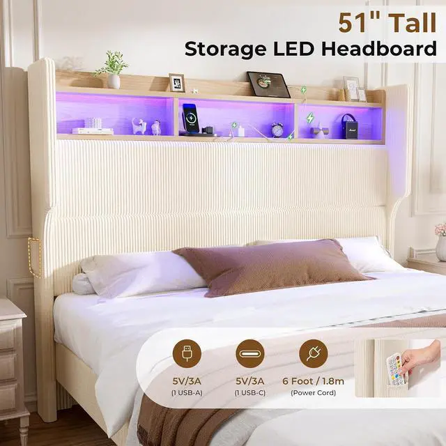 Alt view image 3 of 7 - Queen Size Girls Bed Frame with 51" Tall Headboard, LED Lights & Charging Station, Corduroy Upholstered Platform Bed with Storage Shelf, No Box Spring Needed, Cream