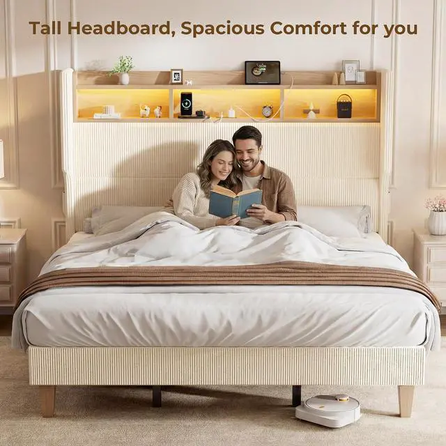 Alt view image 4 of 7 - Queen Size Girls Bed Frame with 51" Tall Headboard, LED Lights & Charging Station, Corduroy Upholstered Platform Bed with Storage Shelf, No Box Spring Needed, Cream