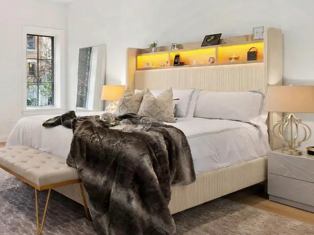 Alt view image 6 of 7 - Queen Size Girls Bed Frame with 51" Tall Headboard, LED Lights & Charging Station, Corduroy Upholstered Platform Bed with Storage Shelf, No Box Spring Needed, Cream