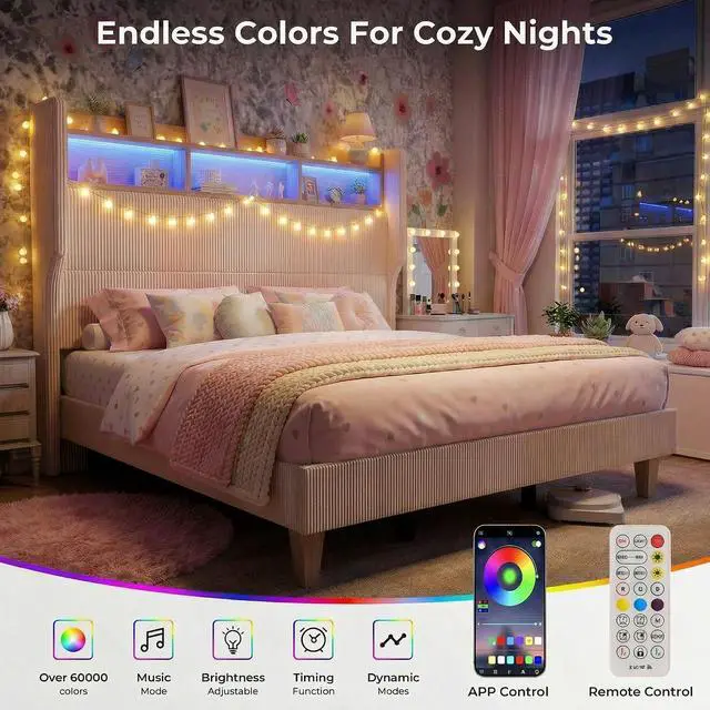 Alt view image 5 of 7 - Queen Size Girls Bed Frame with 51" Tall Headboard, LED Lights & Charging Station, Corduroy Upholstered Platform Bed with Storage Shelf, No Box Spring Needed, Cream