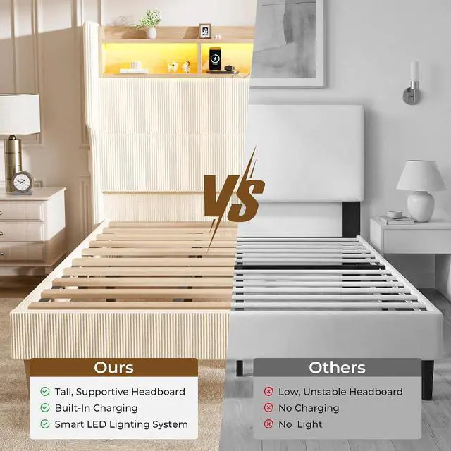 Alt view image 7 of 7 - Queen Size Girls Bed Frame with 51" Tall Headboard, LED Lights & Charging Station, Corduroy Upholstered Platform Bed with Storage Shelf, No Box Spring Needed, Cream