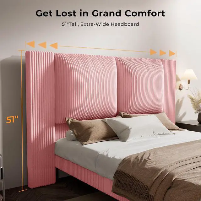 Alt view image 4 of 7 - Queen Size Bed Frame with 51" Tall Headboard, Upholstered Corduroy Platform Bed, Easy Assembly, No Box Spring Needed, Pink