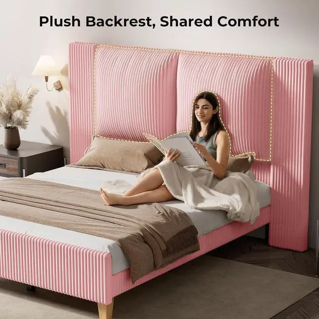 Alt view image 3 of 7 - Queen Size Bed Frame with 51" Tall Headboard, Upholstered Corduroy Platform Bed, Easy Assembly, No Box Spring Needed, Pink