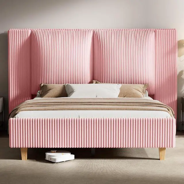 Main image of Full Size Upholstered Bed Frame Platform with Tall Wingback Headboard, Corduroy Modern Design,No Box Spring Needed, Easy Assembly,Pink