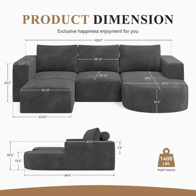 Alt view image 2 of 7 - Boneless Couches for Living Room with Chaise,104" Modular Sectional Sofa with Convertible Ottoman,Cozy Cloud Couch with U-Shaped,Sponge Compression Sofas in a Box,No Assembly Required(Gray) 1pcs