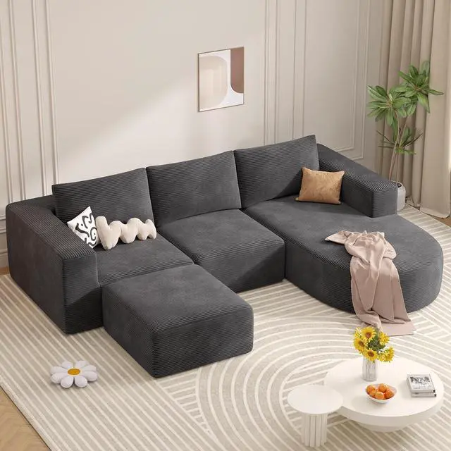 Main image of Boneless Couches for Living Room with Chaise,104" Modular Sectional Sofa with Convertible Ottoman,Cozy Cloud Couch with U-Shaped,Sponge Compression Sofas in a Box,No Assembly Required(Gray) 1pcs