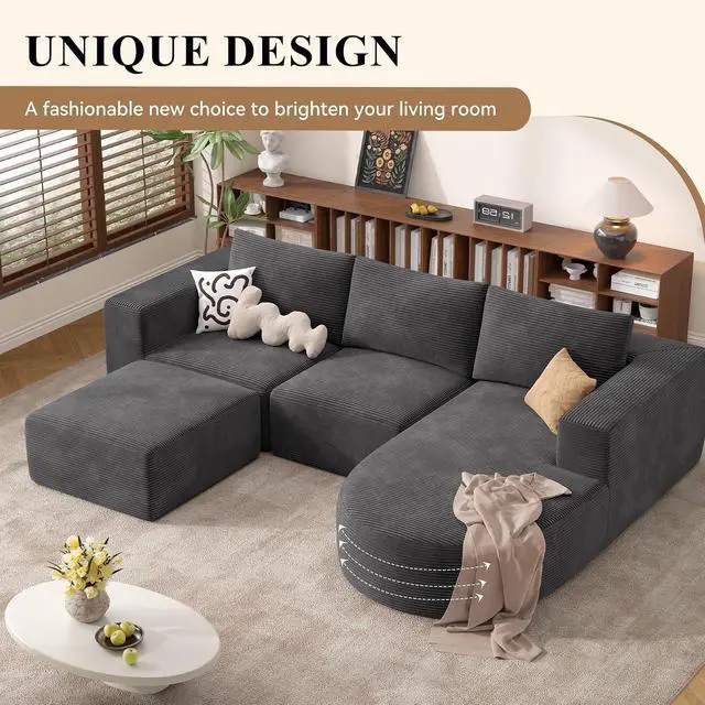 Alt view image 3 of 7 - Boneless Couches for Living Room with Chaise,104" Modular Sectional Sofa with Convertible Ottoman,Cozy Cloud Couch with U-Shaped,Sponge Compression Sofas in a Box,No Assembly Required(Gray) 1pcs