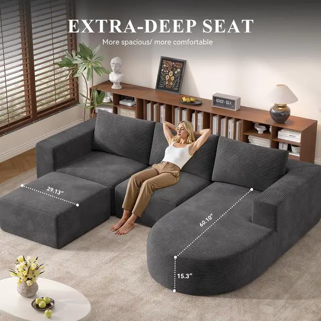 Alt view image 6 of 7 - Boneless Couches for Living Room with Chaise,104" Modular Sectional Sofa with Convertible Ottoman,Cozy Cloud Couch with U-Shaped,Sponge Compression Sofas in a Box,No Assembly Required(Gray) 1pcs