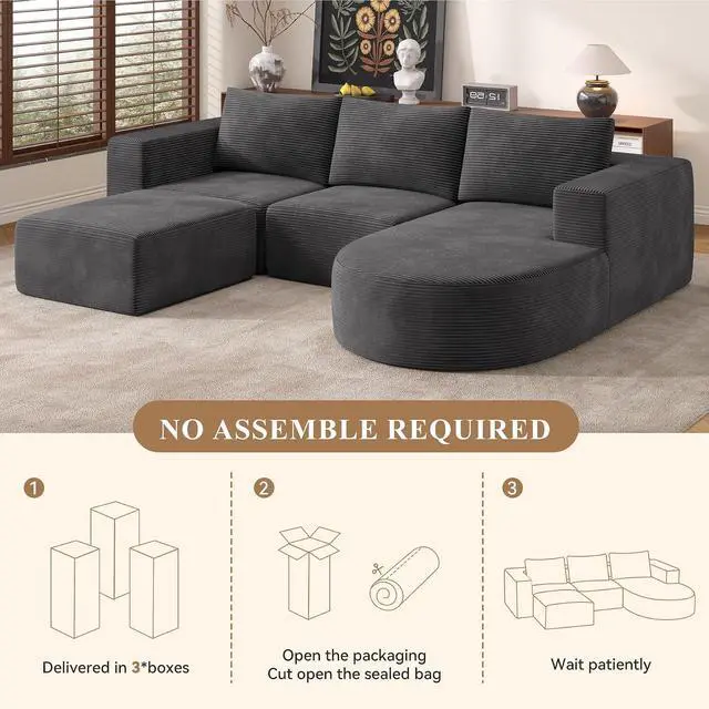 Alt view image 7 of 7 - Boneless Couches for Living Room with Chaise,104" Modular Sectional Sofa with Convertible Ottoman,Cozy Cloud Couch with U-Shaped,Sponge Compression Sofas in a Box,No Assembly Required(Gray) 1pcs