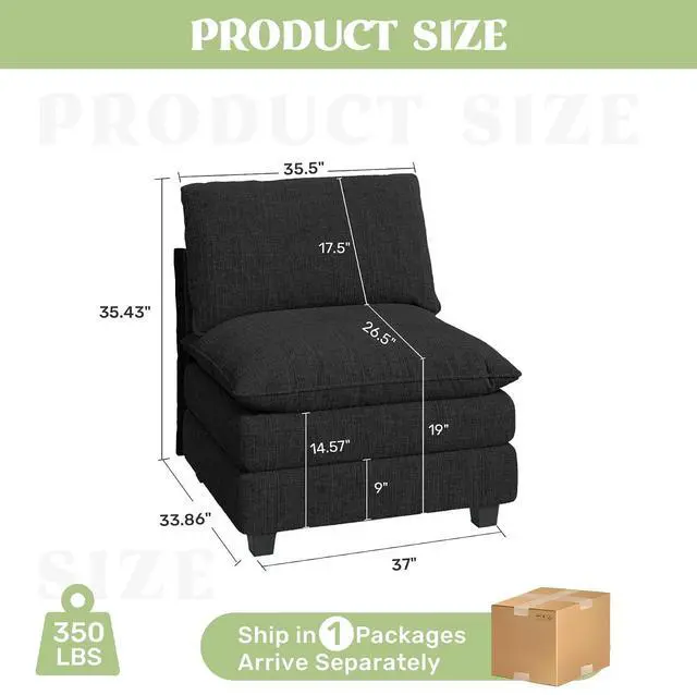 Alt view image 2 of 4 - 37" Single Sofa Seat,Comfy Cloud Couch Sectional Sofa,Chenille Sleeper Deep Seat Sofas for Living Room,Bedroom and Apartment,Black