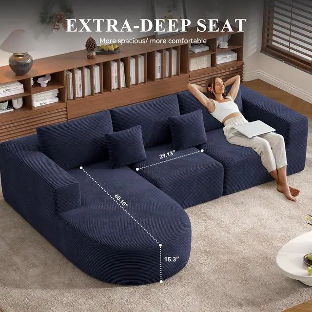 Alt view image 3 of 7 - L-Shaped Boneless Couch,104" Couches for Living Room with Curved Chaise,Modular Sectional Sofa with Deep Seat,Modern Cozy Cloud Compression Sofas,No Assembly Required(Blue) 1PCS