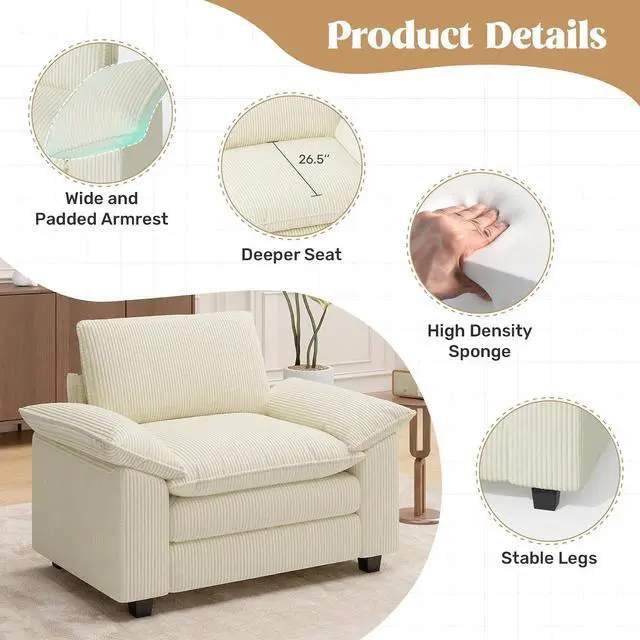 Alt view image 3 of 4 - 49" Single Sofa Seat,Comfy Cloud Couch Sectional Sofa, Corduroy Sleeper Deep Seat Sofas for Living Room,Bedroom and Apartment,Beige
