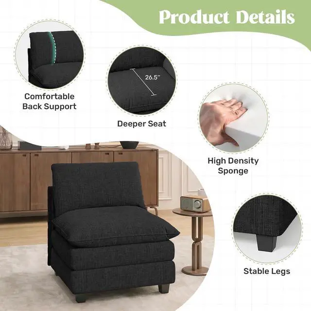 Alt view image 3 of 4 - 37" Single Sofa Seat,Comfy Cloud Couch Sectional Sofa,Chenille Sleeper Deep Seat Sofas for Living Room,Bedroom and Apartment,Black