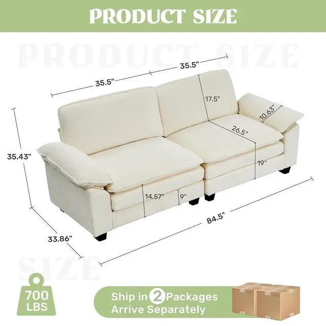 Alt view image 2 of 5 - 86" Modular Sectional Sofa,Comfy Cloud Couch Sectional Sofa,Loveseat Corduroy Sleeper Deep Seat Sofas for Living Room,Bedroom and Apartment,Beige