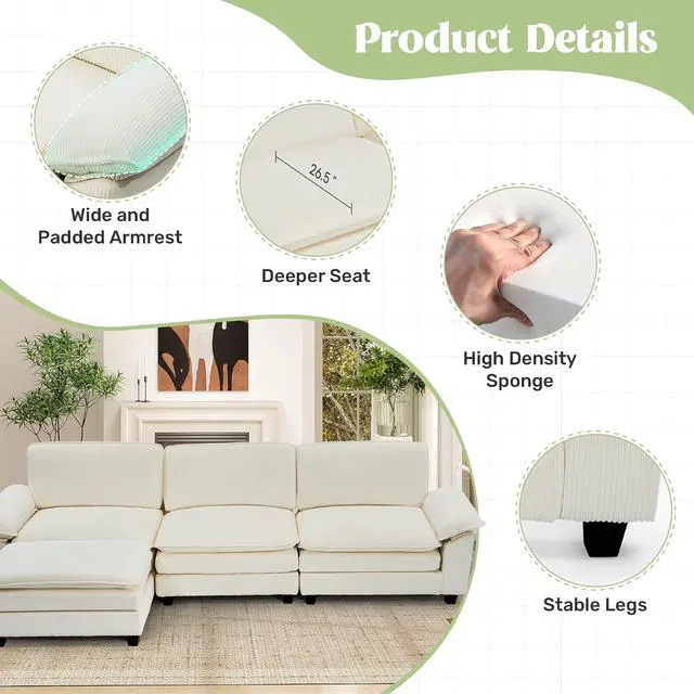 Alt view image 3 of 5 - 86" Modular Sectional Sofa,Comfy Cloud Couch Sectional Sofa,Loveseat Corduroy Sleeper Deep Seat Sofas for Living Room,Bedroom and Apartment,Beige