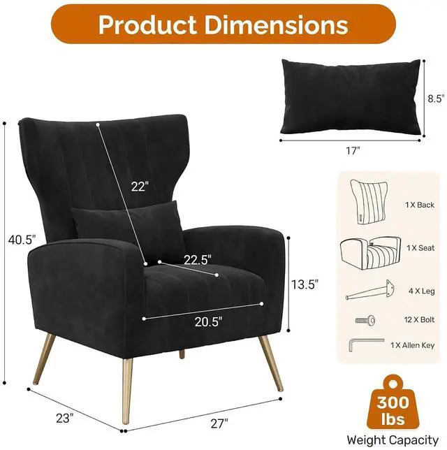 Alt view image 2 of 7 - Black Velvet Accent Chair Set of 2, Wingback Chair for Living Room, High Back Arm Chair with Golden Legs Lumbar Pillow, Upholstered Single Sofa Bedroom