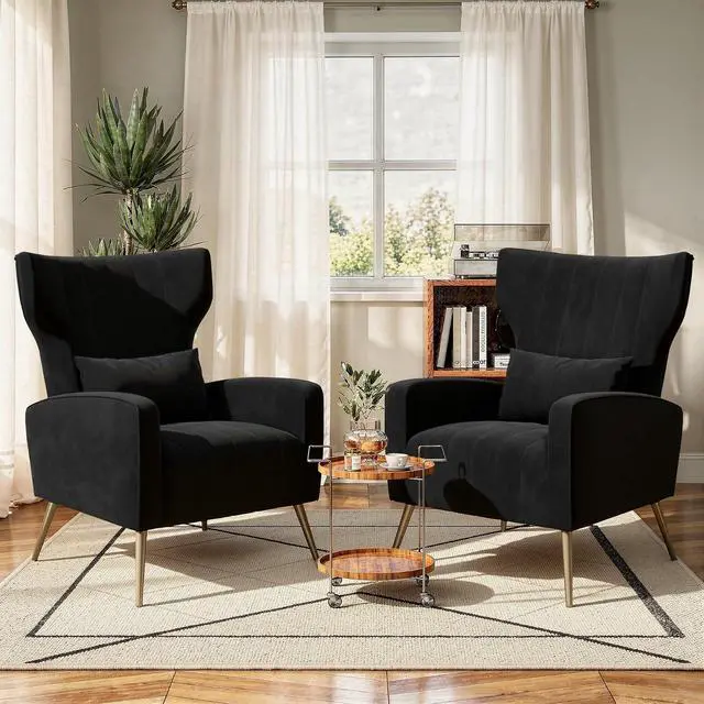 Main image of Black Velvet Accent Chair Set of 2, Wingback Chair for Living Room, High Back Arm Chair with Golden Legs Lumbar Pillow, Upholstered Single Sofa Bedroom