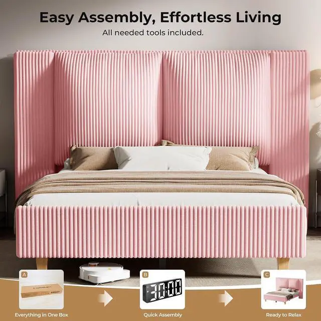 Alt view image 6 of 7 - Queen Size Bed Frame with 51" Tall Headboard, Upholstered Corduroy Platform Bed, Easy Assembly, No Box Spring Needed, Pink