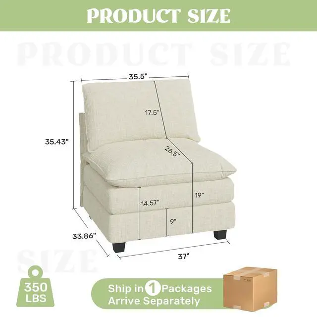 Alt view image 2 of 4 - 37" Single Sofa Seat,Comfy Cloud Couch Sectional Sofa, Chenille Sleeper Deep Seat Sofas for Living Room,Bedroom and Apartment,Beige