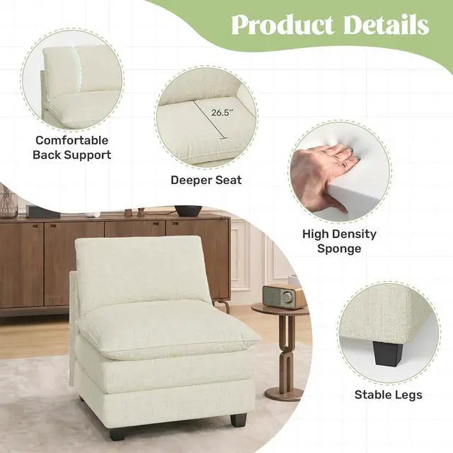 Alt view image 3 of 4 - 37" Single Sofa Seat,Comfy Cloud Couch Sectional Sofa, Chenille Sleeper Deep Seat Sofas for Living Room,Bedroom and Apartment,Beige
