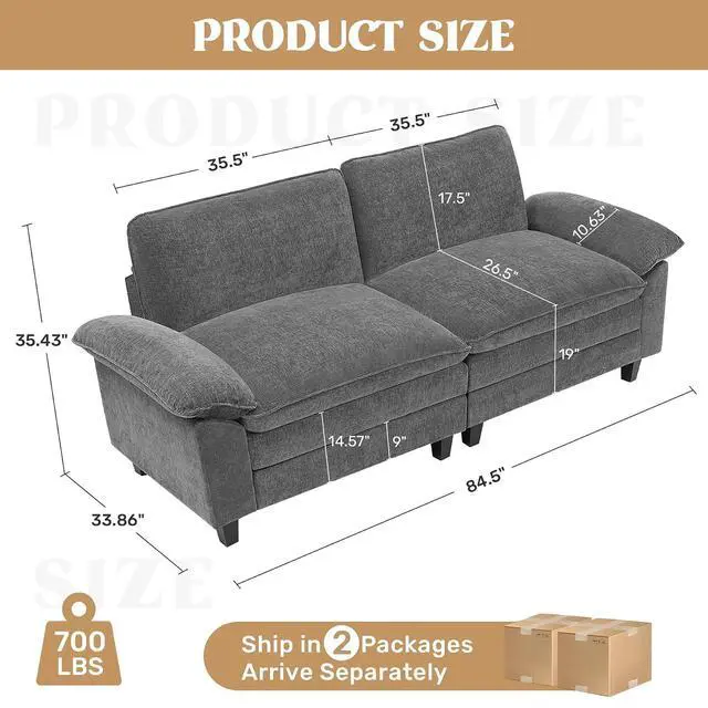 Alt view image 2 of 5 - 86" Modular Sectional Sofa,Comfy Cloud Couch Sectional Sofa,Loveseat Chenille Sleeper Deep Seat Sofas for Living Room,Bedroom and Apartment,Dark Gary