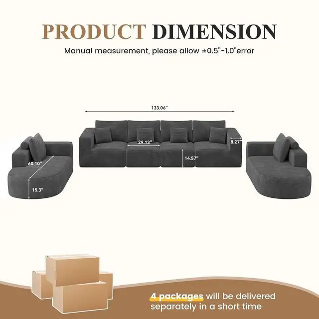 Alt view image 2 of 7 - Living Room Furniture Sets,Modern U Shaped Modular Sectional Sofa,Convertible Cloud Couches for Living Room,Comfy 4 Seater with 2 Chaise Furniture Set, Boneless Couch Sofa,1 PCS