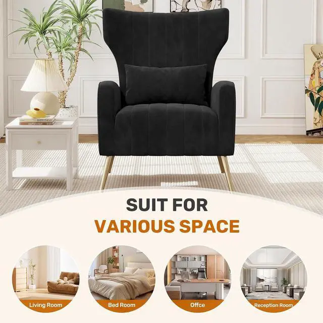 Alt view image 4 of 7 - Black Velvet Accent Chair Set of 2, Wingback Chair for Living Room, High Back Arm Chair with Golden Legs Lumbar Pillow, Upholstered Single Sofa Bedroom