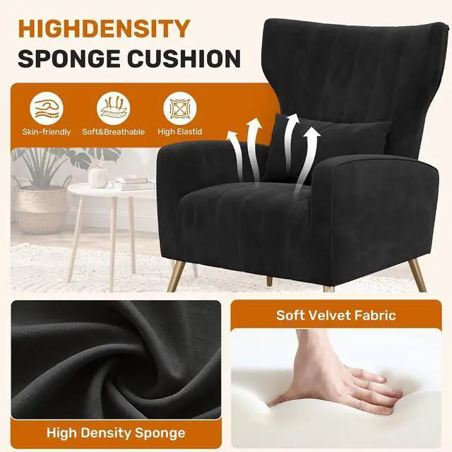 Alt view image 5 of 7 - Black Velvet Accent Chair Set of 2, Wingback Chair for Living Room, High Back Arm Chair with Golden Legs Lumbar Pillow, Upholstered Single Sofa Bedroom