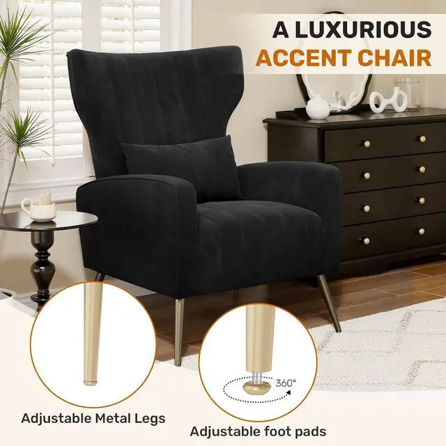 Alt view image 6 of 7 - Black Velvet Accent Chair Set of 2, Wingback Chair for Living Room, High Back Arm Chair with Golden Legs Lumbar Pillow, Upholstered Single Sofa Bedroom