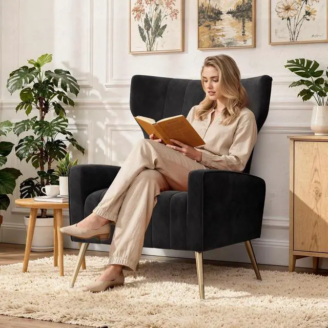 Alt view image 7 of 7 - Black Velvet Accent Chair Set of 2, Wingback Chair for Living Room, High Back Arm Chair with Golden Legs Lumbar Pillow, Upholstered Single Sofa Bedroom