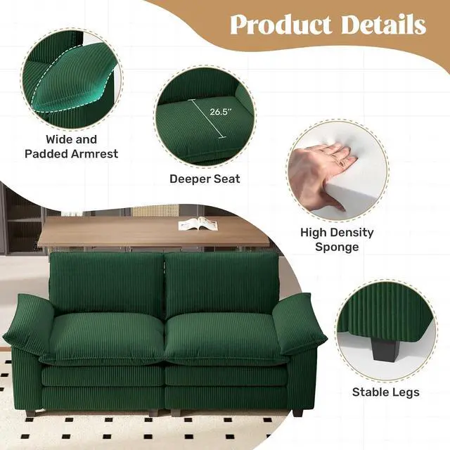 Alt view image 3 of 4 - 86" Modular Sectional Sofa,Comfy Cloud Couch Sectional Sofa,Loveseat Corduroy Sleeper Deep Seat Sofas for Living Room,Bedroom and Apartment,Green
