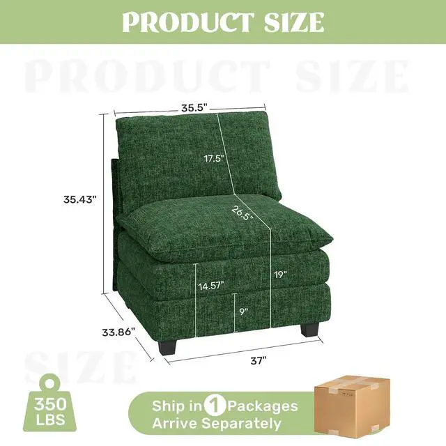 Alt view image 2 of 4 - 37" Single Sofa Seat,Comfy Cloud Couch Sectional Sofa, Chenille Sleeper Deep Seat Sofas for Living Room,Bedroom and Apartment,Green