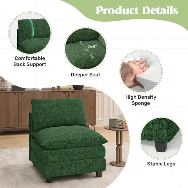 Alt view image 3 of 4 - 37" Single Sofa Seat,Comfy Cloud Couch Sectional Sofa, Chenille Sleeper Deep Seat Sofas for Living Room,Bedroom and Apartment,Green