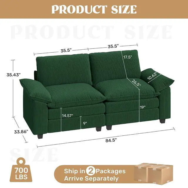 Alt view image 2 of 4 - 86" Modular Sectional Sofa,Comfy Cloud Couch Sectional Sofa,Loveseat Corduroy Sleeper Deep Seat Sofas for Living Room,Bedroom and Apartment,Green