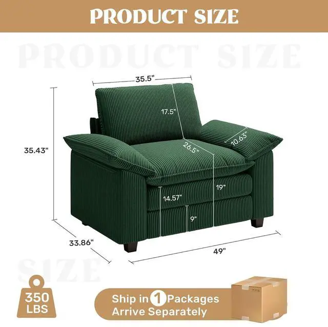 Alt view image 2 of 4 - 49" Single Sofa Seat,Comfy Cloud Couch Sectional Sofa, Corduroy Sleeper Deep Seat Sofas for Living Room,Bedroom and Apartment,Green