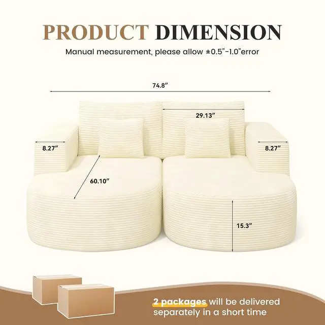 Alt view image 2 of 7 - Modular Sectional Sofa Bed,Convertible Cloud Couches for Living Room,2 Chaise Corduroy Boneless Couch Sleeper Sofa Set,Oversized Chaise Lounge Chair for Bedroom,No Assembly Required,Beige 1PCS