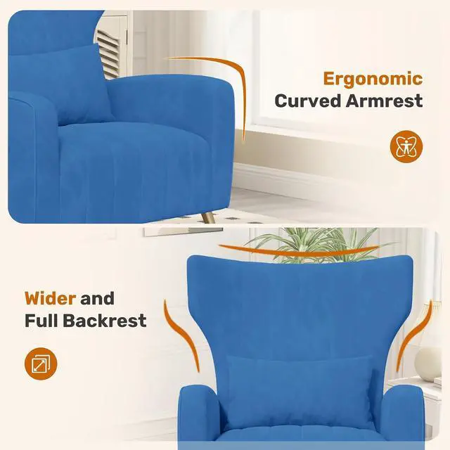 Alt view image 3 of 7 - Blue Velvet Accent Chair Set of 4, Wingback Chair for Living Room, High Back Arm Chair with Golden Legs Lumbar Pillow, Upholstered Single Sofa Bedroom