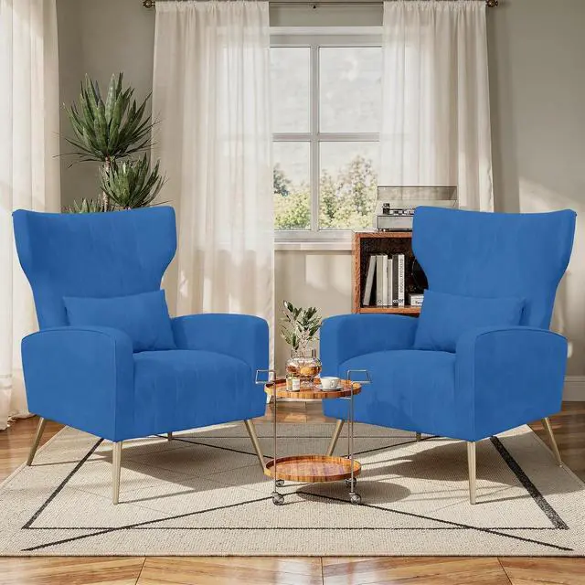 Main image of Blue Velvet Accent Chair Set of 2, Wingback Chair for Living Room, High Back Arm Chair with Golden Legs Lumbar Pillow, Upholstered Single Sofa Bedroom