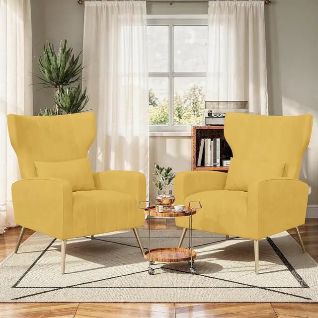 Main image of Yellow Velvet Accent Chair Set of 2, Wingback Chair for Living Room, High Back Arm Chair with Golden Legs Lumbar Pillow, Upholstered Single Sofa Bedroom