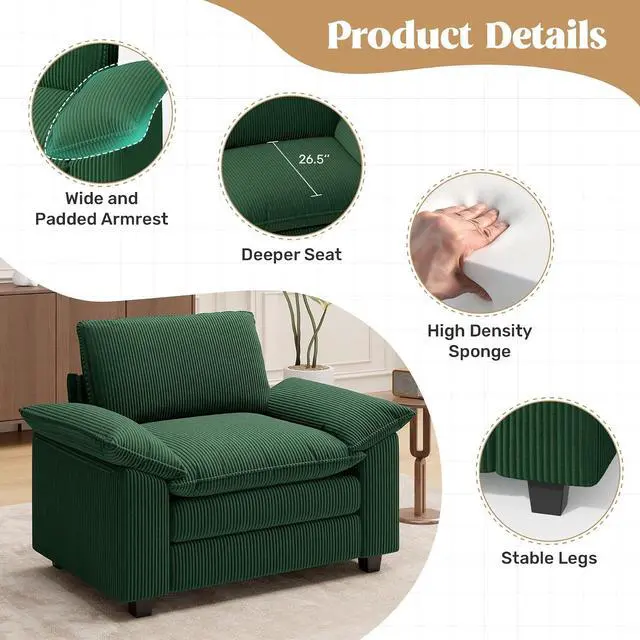 Alt view image 3 of 4 - 49" Single Sofa Seat,Comfy Cloud Couch Sectional Sofa, Corduroy Sleeper Deep Seat Sofas for Living Room,Bedroom and Apartment,Green