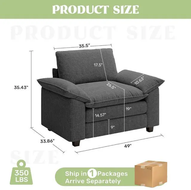 Alt view image 2 of 4 - 49" Single Sofa Seat,Comfy Cloud Couch Sectional Sofa, Chenille Sleeper Deep Seat Sofas for Living Room,Bedroom and Apartment,Dark Gary