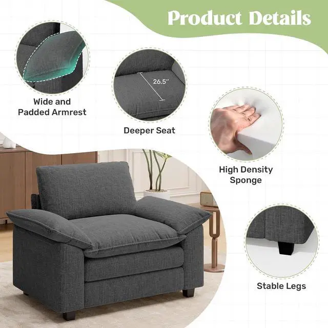 Alt view image 3 of 4 - 49" Single Sofa Seat,Comfy Cloud Couch Sectional Sofa, Chenille Sleeper Deep Seat Sofas for Living Room,Bedroom and Apartment,Dark Gary